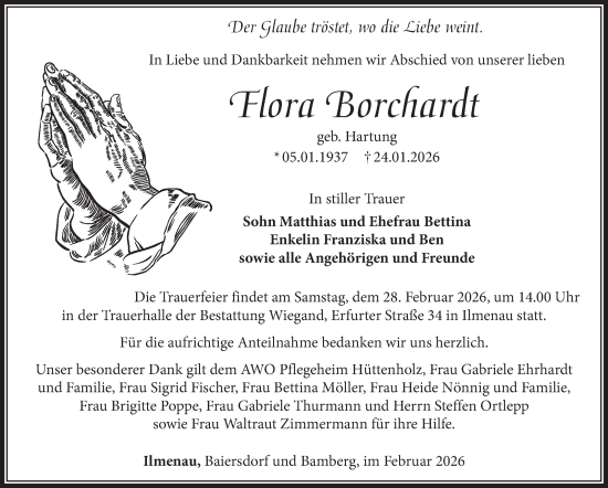 Traueranzeige von Flora Borchardt von Südthüringer Presse