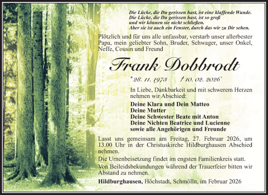 Traueranzeige von Frank Dobbrodt von Südthüringer Presse
