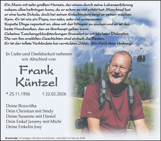 Traueranzeige von Frank Küntzel von Südthüringer Presse