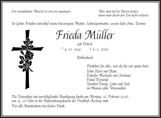 Traueranzeige von Frieda Müller von Frankenpost