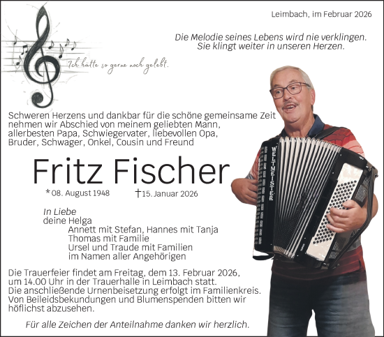Traueranzeige von Fritz Fischer von Südthüringer Presse