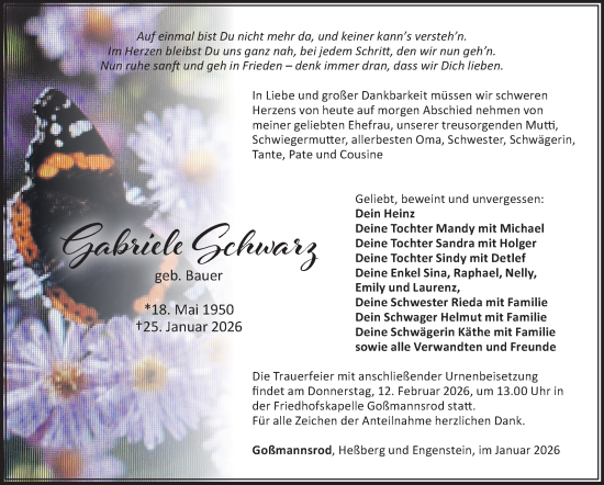 Traueranzeige von Gabriele Schwarz von Südthüringer Presse