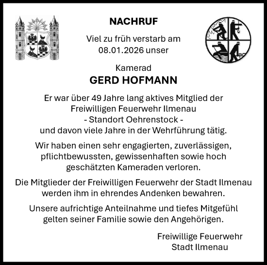 Traueranzeige von Gerd Hofmann von Südthüringer Presse