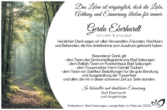 Traueranzeige von Gerda Eberhardt von Südthüringer Presse