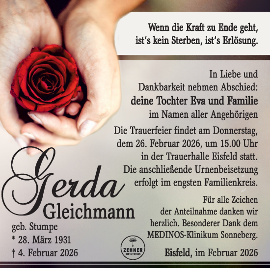 Traueranzeige von Gerda Gleichmann von Südthüringer Presse