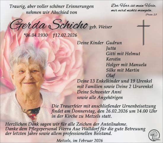 Traueranzeige von Gerda Schicho von Südthüringer Presse