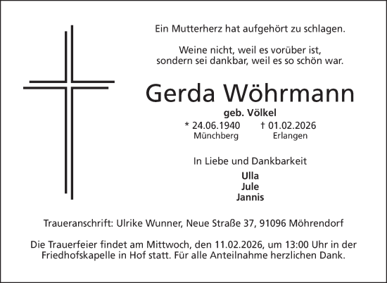 Traueranzeige von Gerda Wöhrmann von Frankenpost