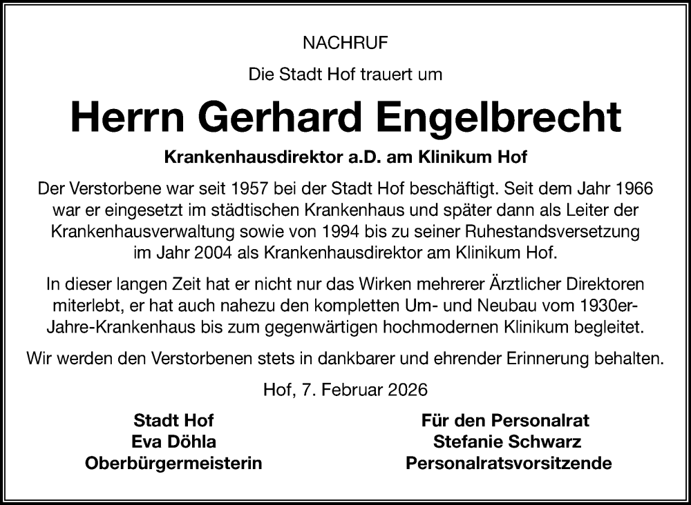  Traueranzeige für Gerhard Engelbrecht vom 07.02.2026 aus Frankenpost