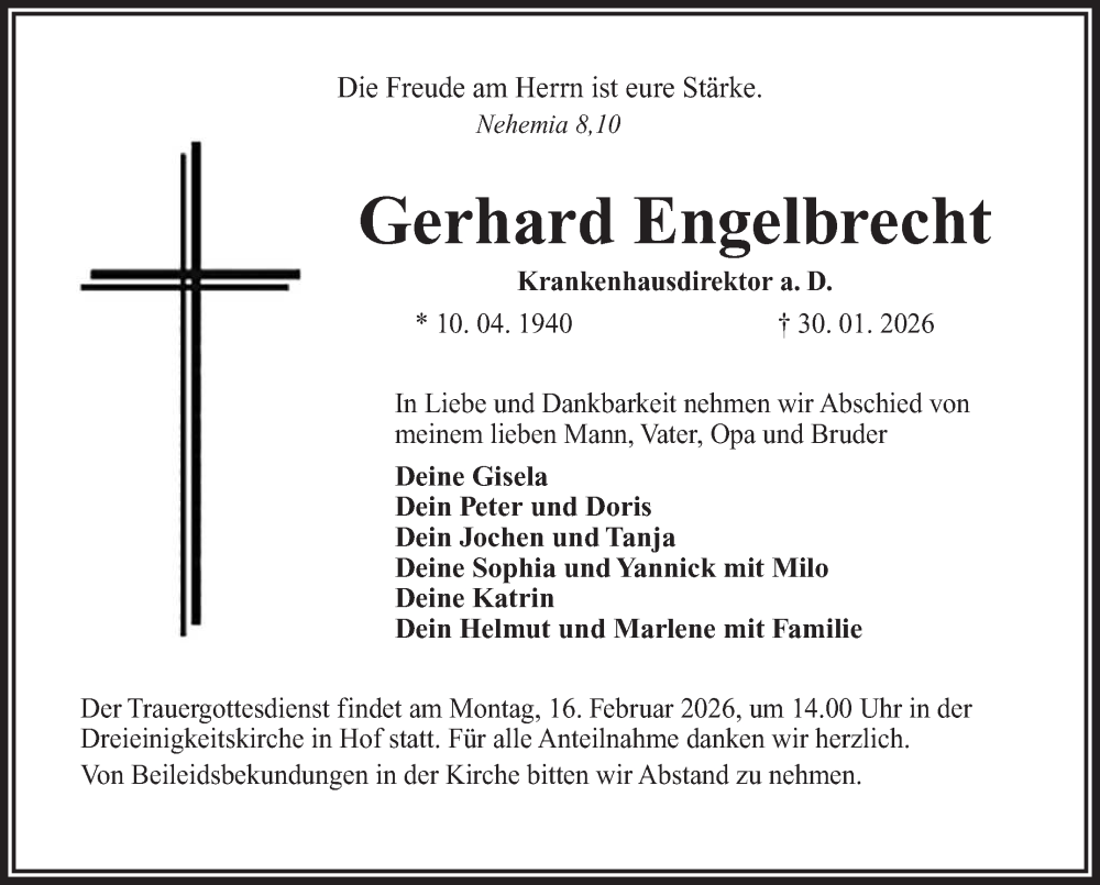  Traueranzeige für Gerhard Engelbrecht vom 07.02.2026 aus Frankenpost
