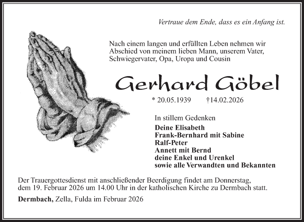  Traueranzeige für Gerhard Göbel vom 17.02.2026 aus Südthüringer Presse