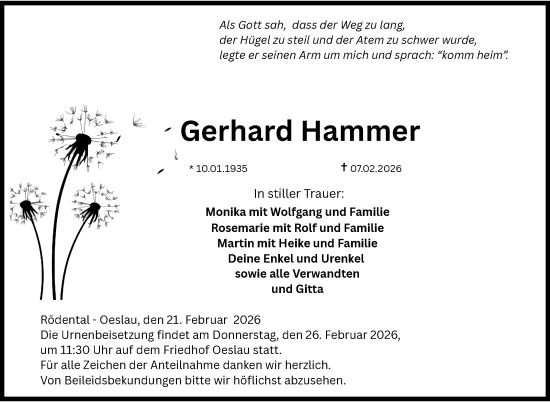 Traueranzeige von Gerhard Hammer von Neue Presse Coburg