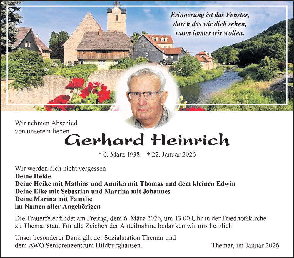  Traueranzeige für Gerhard Heinrich vom 14.02.2026 aus Südthüringer Presse
