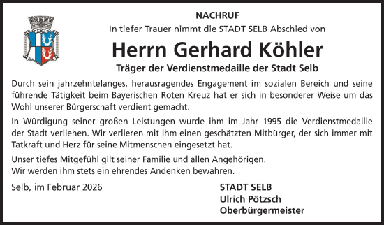 Traueranzeige von Gerhard Köhler von Frankenpost