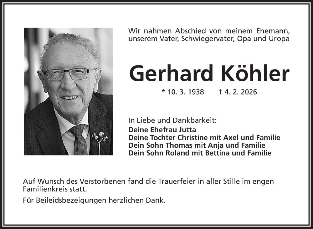  Traueranzeige für Gerhard Köhler vom 28.02.2026 aus Frankenpost