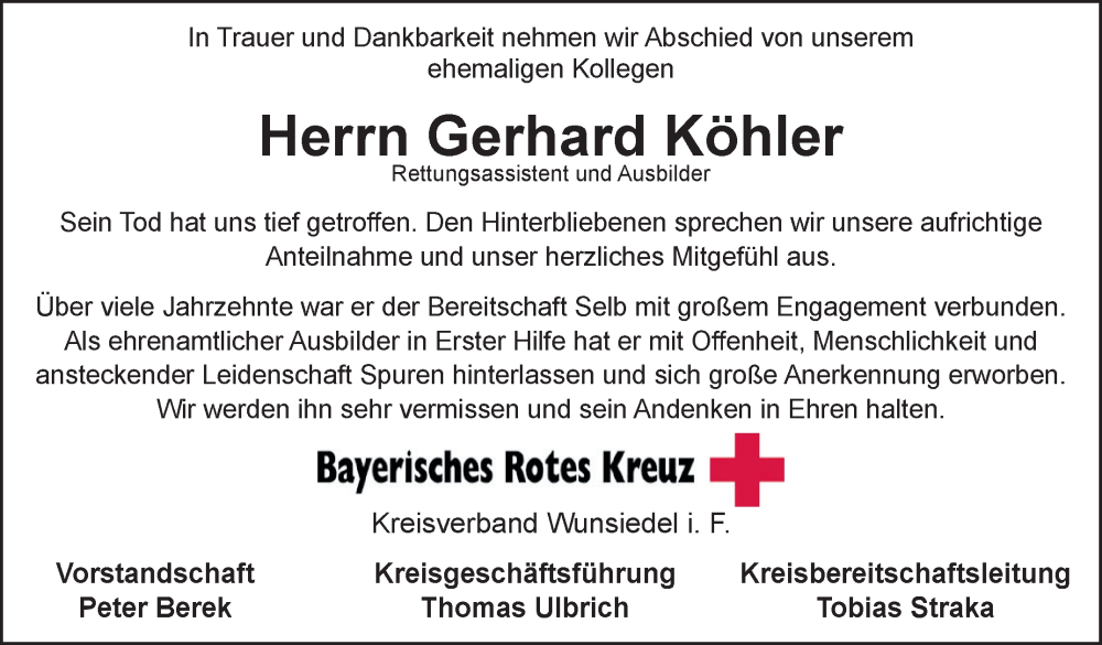  Traueranzeige für Gerhard Köhler vom 28.02.2026 aus Frankenpost