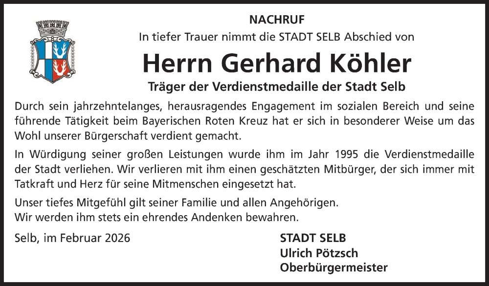  Traueranzeige für Gerhard Köhler vom 28.02.2026 aus Frankenpost