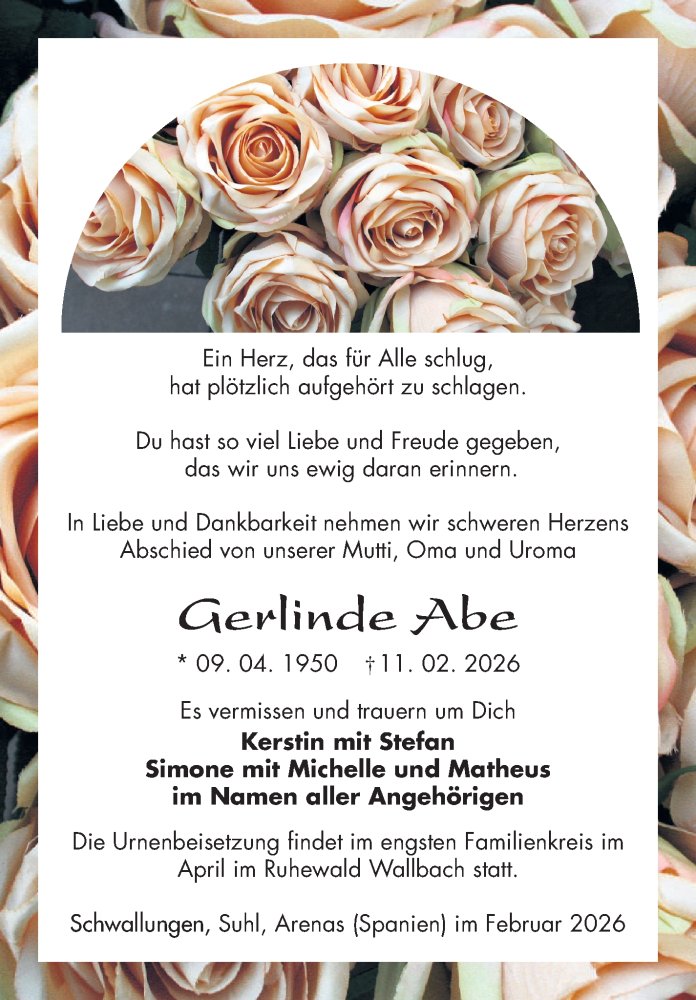  Traueranzeige für Gerlinde Abe vom 21.02.2026 aus Südthüringer Presse