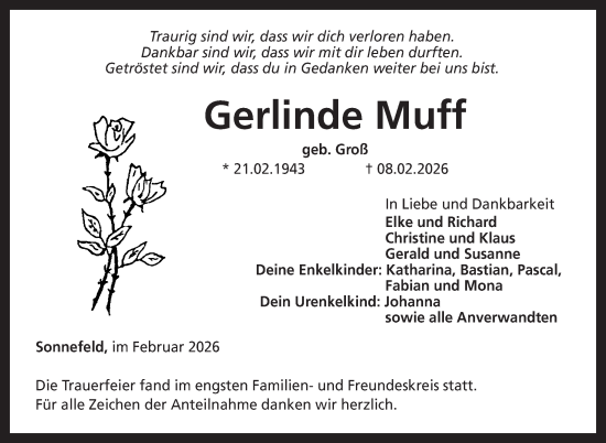 Traueranzeige von Gerlinde Muff von Neue Presse Coburg