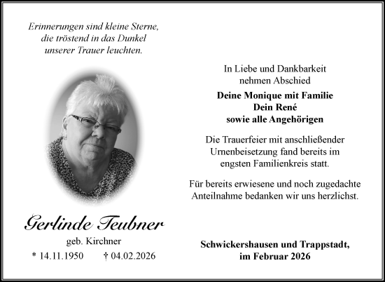 Traueranzeige von Gerlinde Teubner von Südthüringer Presse
