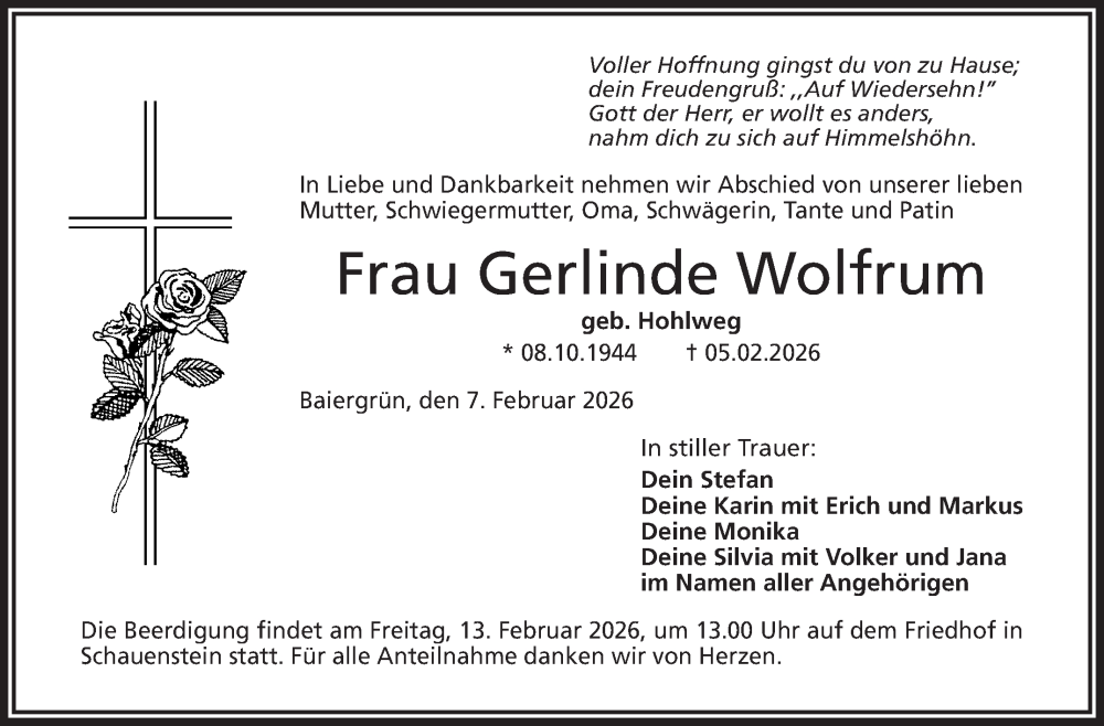 Traueranzeige für Gerlinde Wolfrum vom 07.02.2026 aus Frankenpost