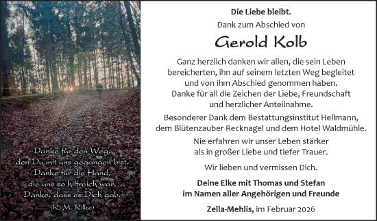 Traueranzeige von Gerold Kolb von Südthüringer Presse