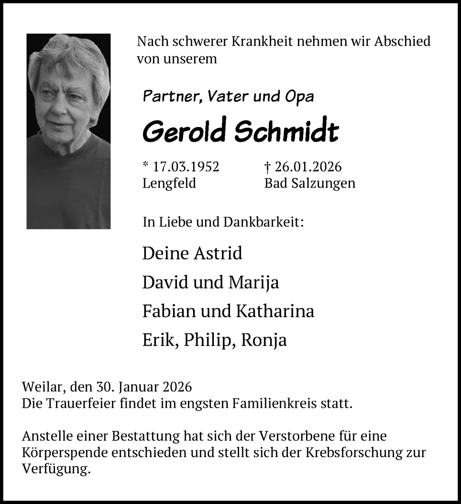  Traueranzeige für Gerold Schmidt vom 03.02.2026 aus Südthüringer Presse