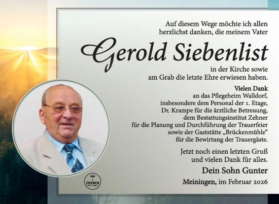 Traueranzeige von Gerold Siebenlist von Südthüringer Presse