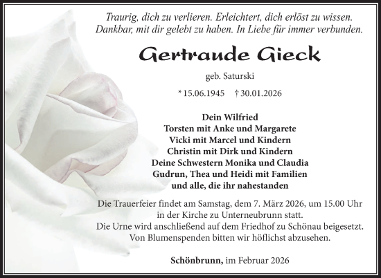 Traueranzeige von Gertraude Gieck von Südthüringer Presse