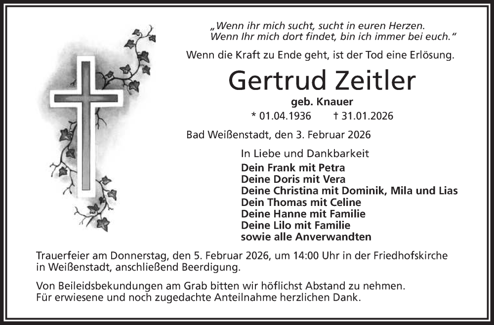  Traueranzeige für Gertrud Zeitler vom 03.02.2026 aus Frankenpost