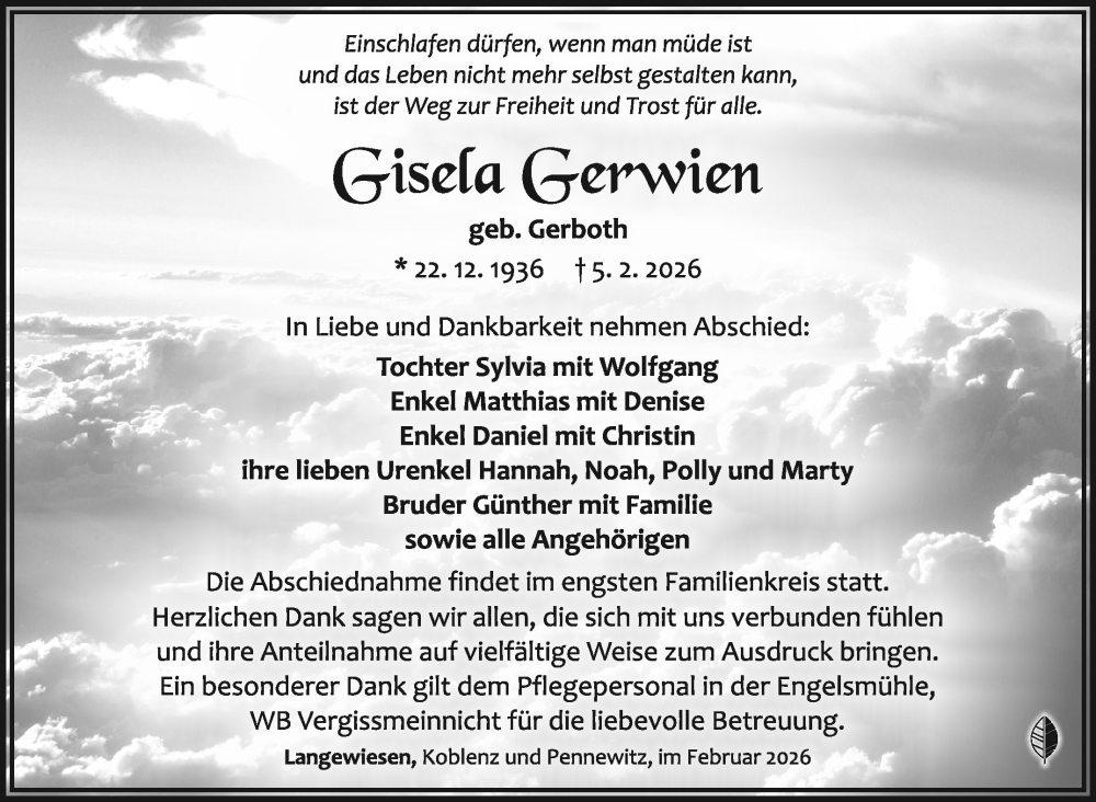  Traueranzeige für Gisela Gerwien vom 21.02.2026 aus Südthüringer Presse