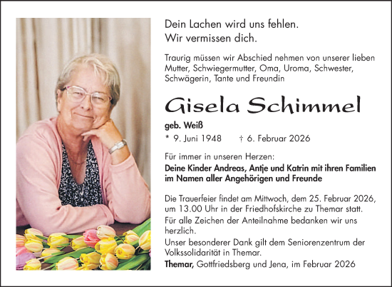 Traueranzeige von Gisela Schimmel von Südthüringer Presse