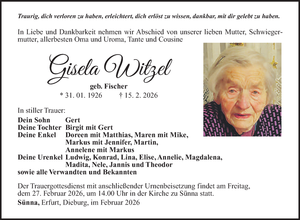  Traueranzeige für Gisela Witzel vom 21.02.2026 aus Südthüringer Presse