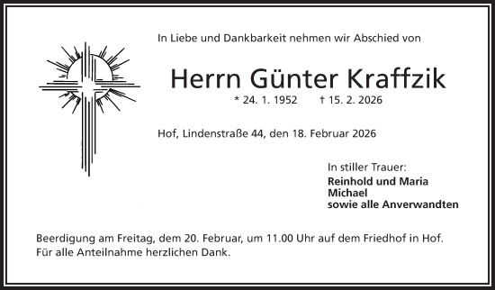 Traueranzeige von Günter Kraffzik von Frankenpost