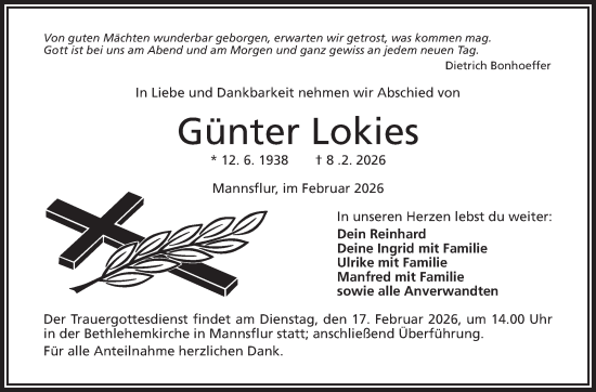 Traueranzeige von Günter Lokies von Frankenpost