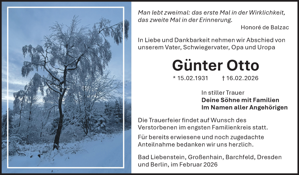  Traueranzeige für Günter Otto vom 21.02.2026 aus Südthüringer Presse