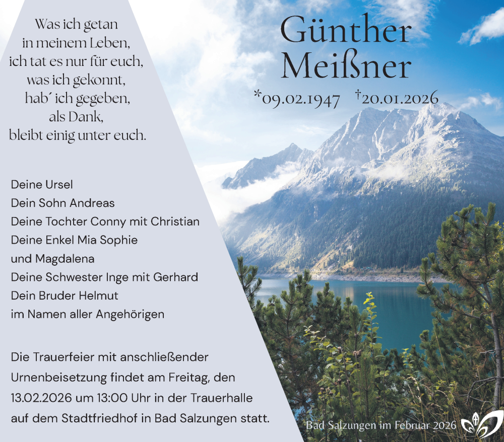  Traueranzeige für Günther Meißner vom 07.02.2026 aus Südthüringer Presse