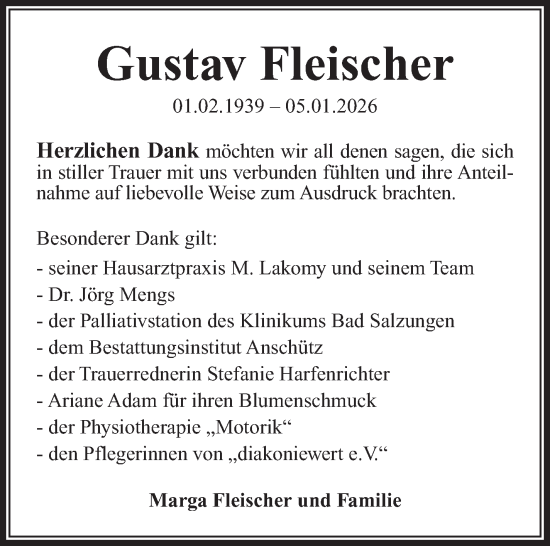 Traueranzeige von Gustav Fleischer von Südthüringer Presse