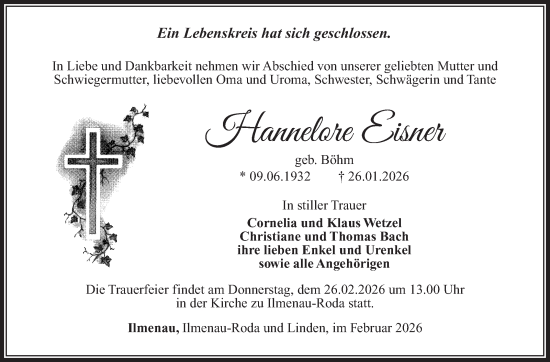 Traueranzeige von Hannelore Eisner von Südthüringer Presse