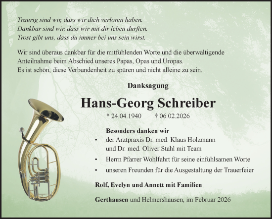 Traueranzeige von Hans-Georg Schreiber von Südthüringer Presse