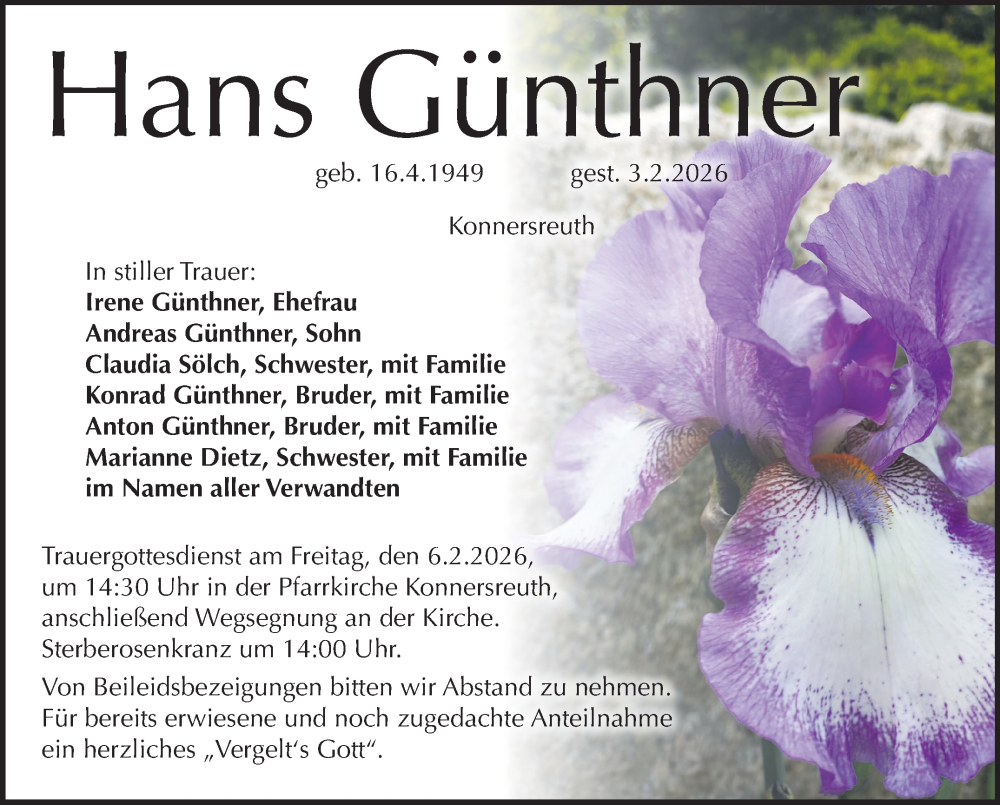  Traueranzeige für Hans Günthner vom 05.02.2026 aus Frankenpost