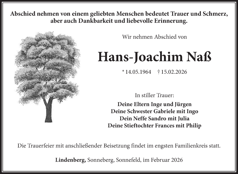  Traueranzeige für Hans-Joachim Naß vom 21.02.2026 aus Südthüringer Presse