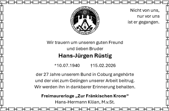 Traueranzeige von Hans-Jürgen Rüstig von Neue Presse Coburg