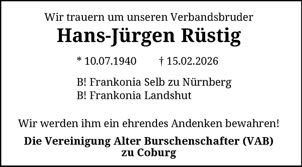  Traueranzeige für Hans-Jürgen Rüstig vom 21.02.2026 aus Neue Presse Coburg