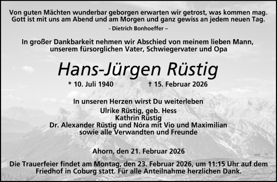 Traueranzeige von Hans-Jürgen Rüstig von Neue Presse Coburg