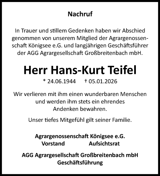 Traueranzeige von Hans-Kurt Teifel von Südthüringer Presse