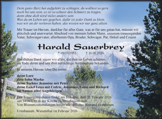 Traueranzeige von Harald Sauerbrey von Südthüringer Presse