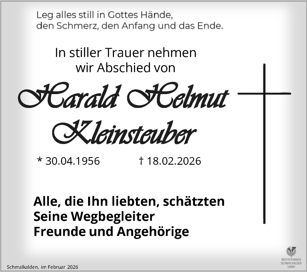  Traueranzeige für Harald Helmut Kleinsteuber vom 28.02.2026 aus Südthüringer Presse