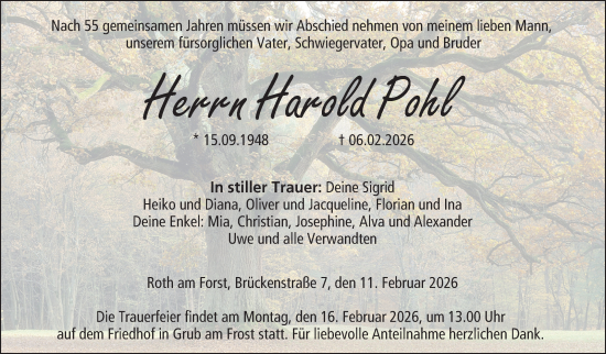Traueranzeige von Harold Pohl von Neue Presse Coburg