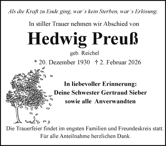 Traueranzeige von Hedwig Preuß von Frankenpost