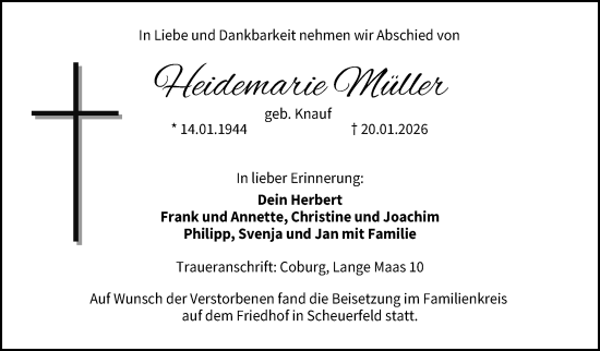 Traueranzeige von Heidemarie Müller von Neue Presse Coburg